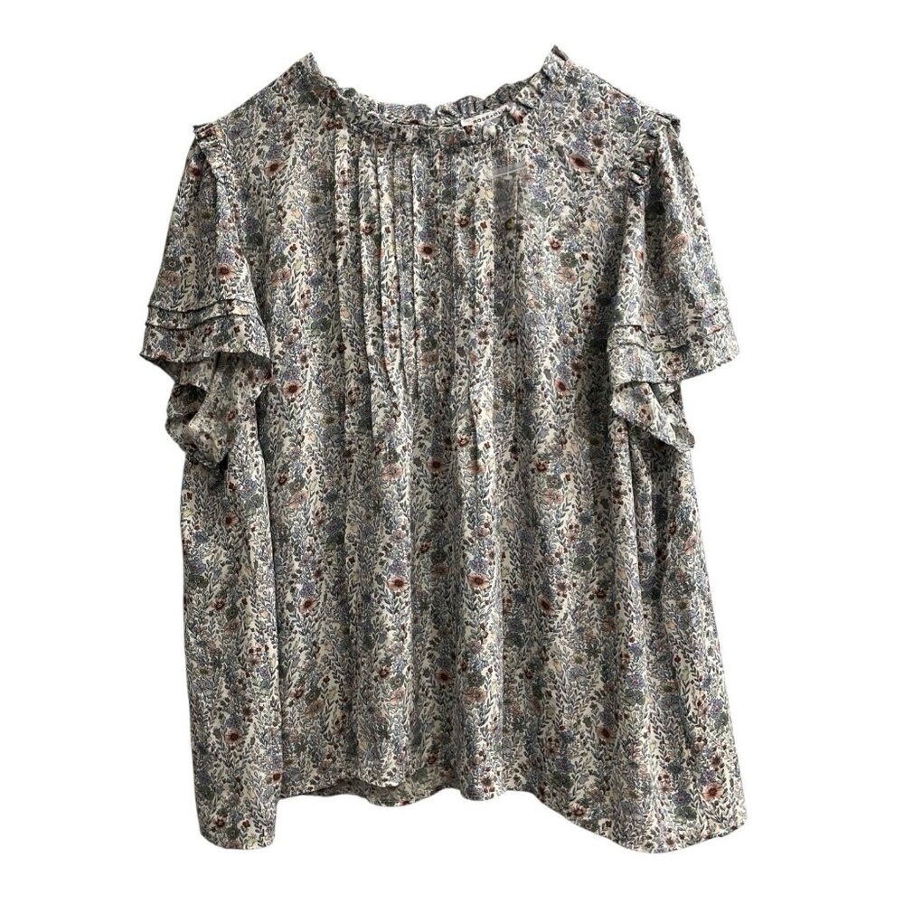 Rose & Olive Top Blue Floral Chiffon Pleated Ruffle Blouse Womens 3X Spring